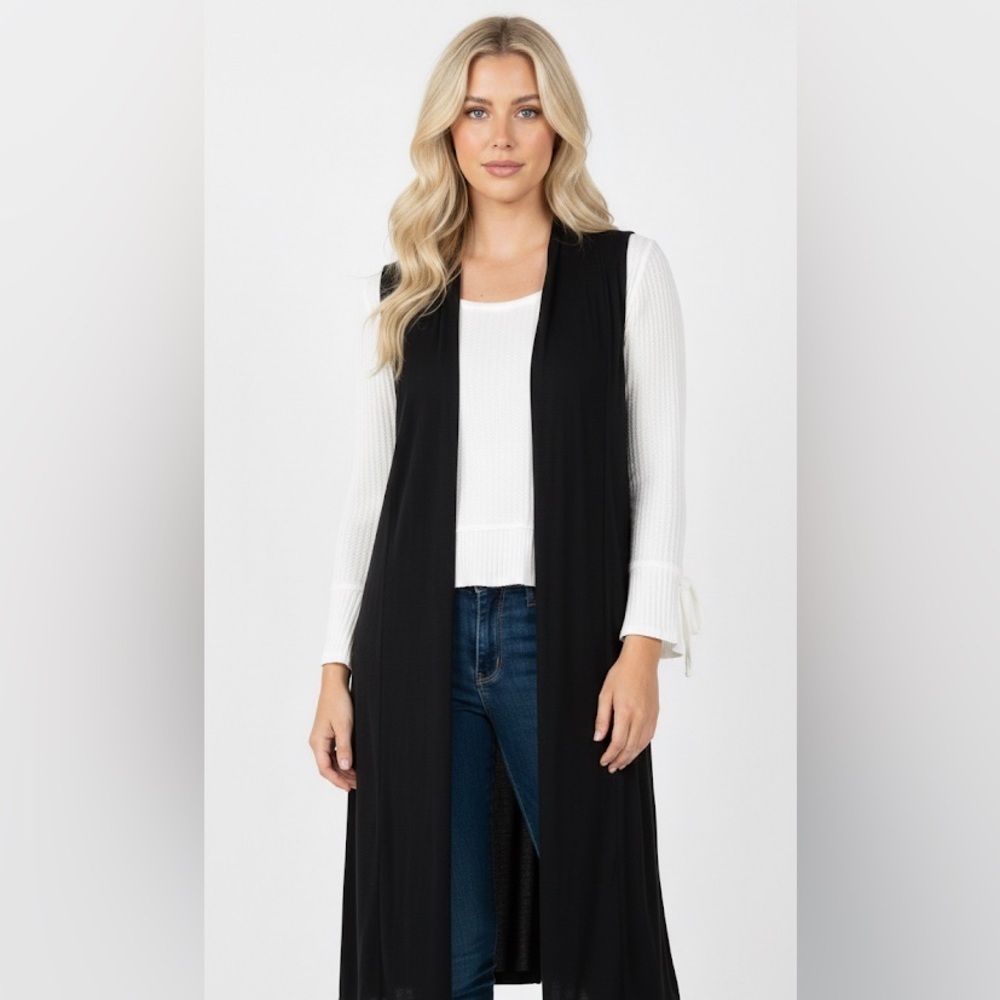 Kaari blue black open duster cardigan size small